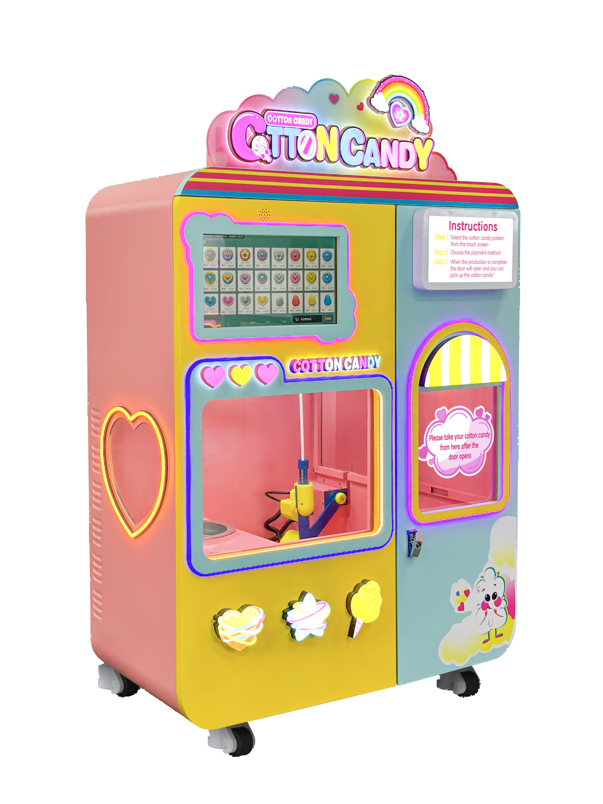 Close-up of the CT-206 touchscreen UI showing a finished cotton candy