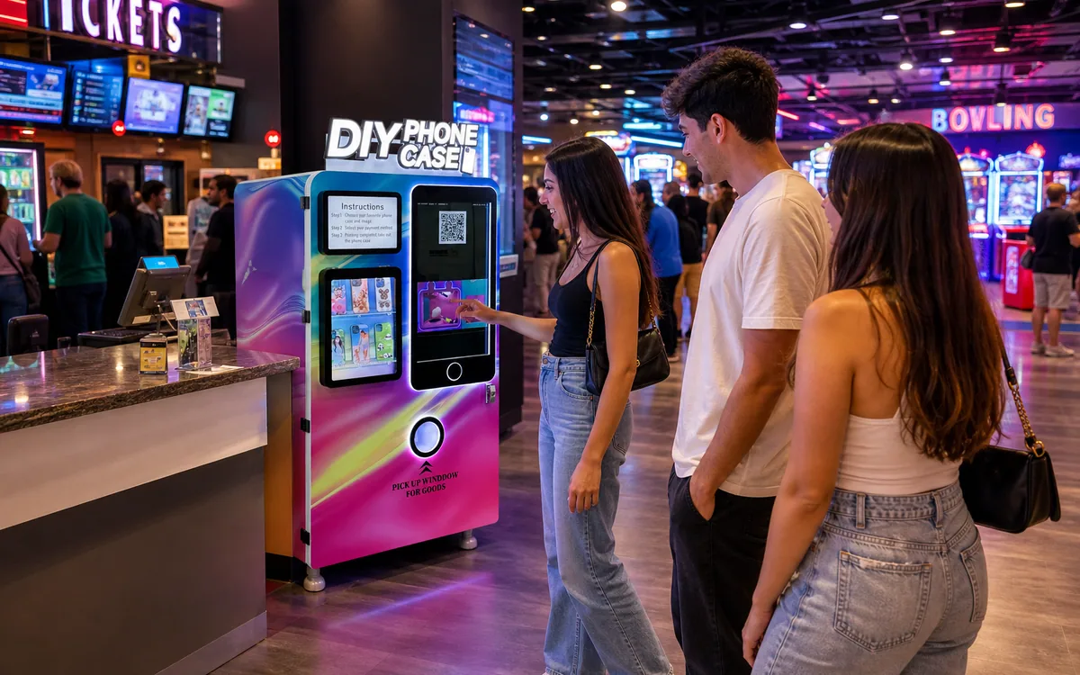 Phone case vending machine in an entertainment venue