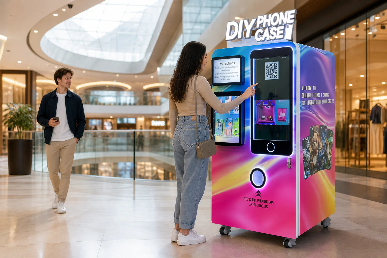 Red Rabbit phone case vending machine in a modern shopping mall