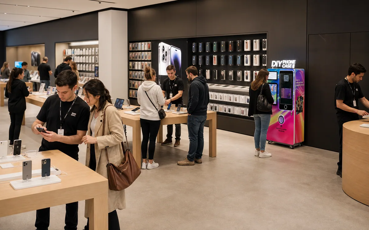 Phone case vending machine inside a retail flagship store