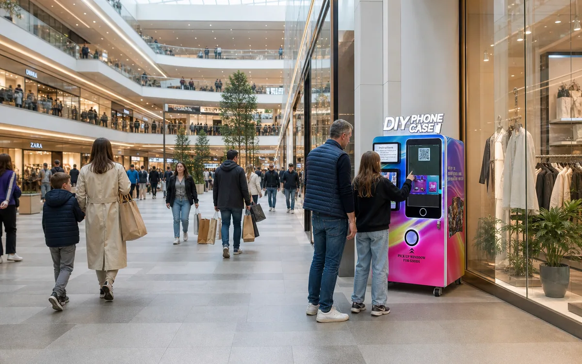 Phone case vending machine in a modern shopping mall