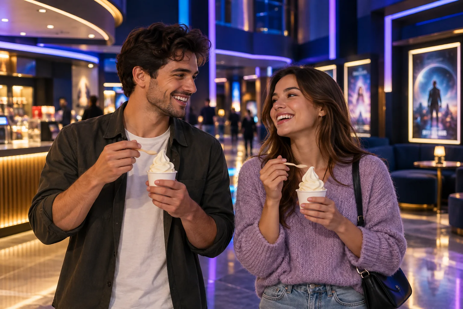 AI-generated cinema foyer concept with two adults enjoying soft serve ice cream