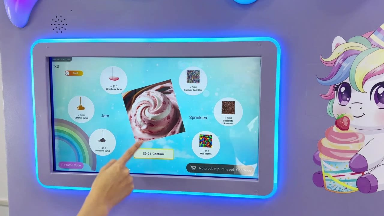 CT-XG260 video frame showing ice cream menu and topping selection on the touchscreen