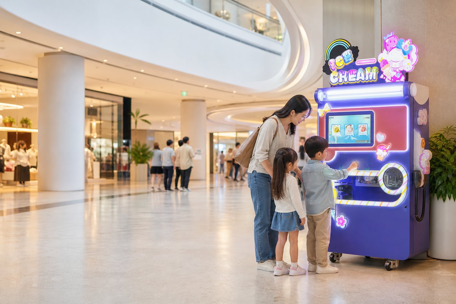 Illustrative concept of a family using an ice cream kiosk in a shopping mall