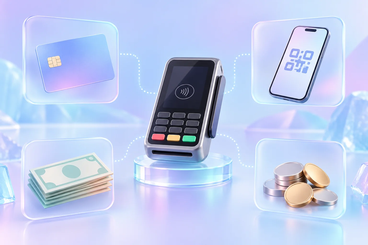 Illustration of configurable payment categories: chip card, mobile QR payment, banknotes and coins