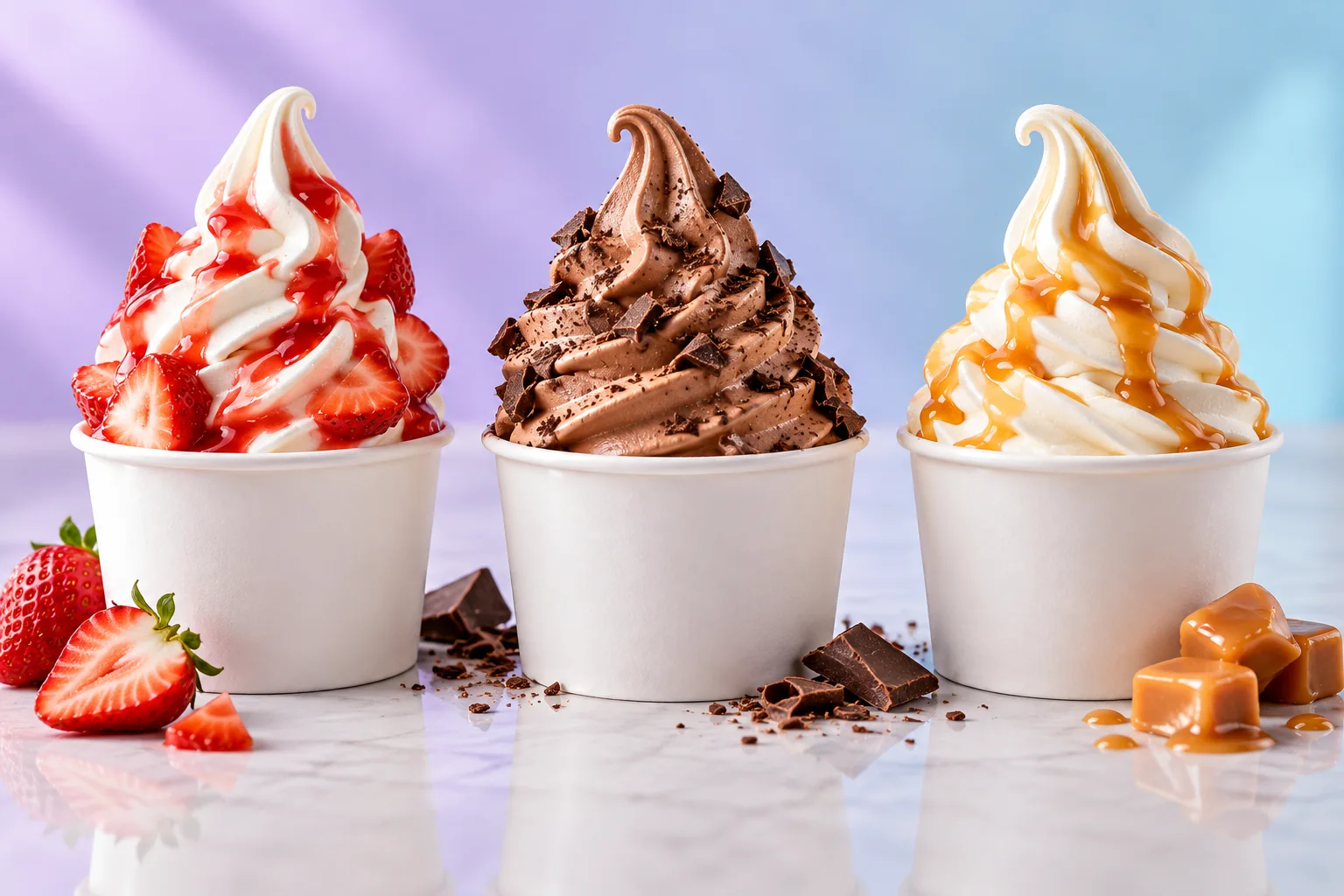 Illustrative strawberry, chocolate and caramel soft serve cups